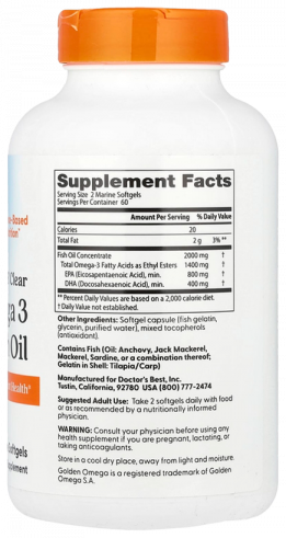 Doctor's Best Omega 3 Fish Oil, Двойная Омега 3 1000 мг ДКГ И ЭПК из анчоуса, 120 капсул